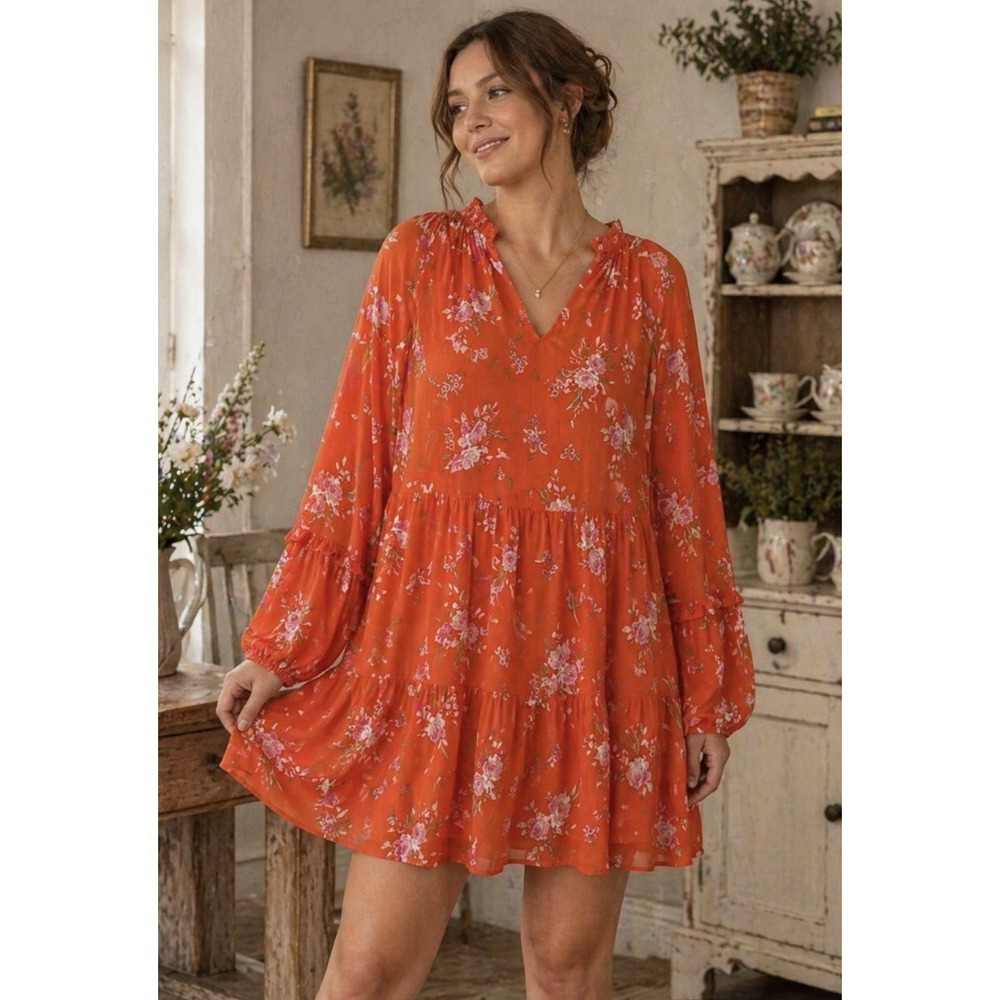 Vince Camuto Tiered Ditzy Floral Mini Dress Size S Peasant Cottage Ruffle Fairy